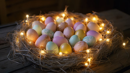 A beautiful arrangement of colorful Easter eggs nestled in a straw nest. Twinkling lights add a cozy touch, creating a joyful atmosphere for spring celebrations.の素材