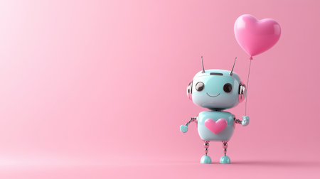 This charming robot character holds a pink heart balloon, set against a soft pink background. Its cheerful smile and playful design evoke feelings of joy and affection.の素材