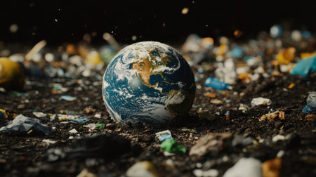 A striking image of Earth surrounded by litter and pollution highlights the urgent environmental crisis. This visual speaks to the impact of human activity on nature and promotes awareness.の素材