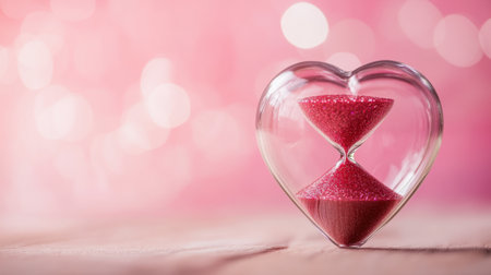 A heart-shaped sand timer filled with sparkling pink sand, showcasing a romantic and elegant design. Perfect for decorations in weddings or special occasions.の素材