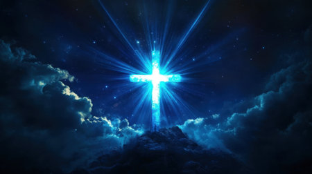 A breathtaking image of a radiant blue cross shining brightly against a dark sky. This stunning visual evokes spirituality and hope amidst a serene atmosphere.の素材