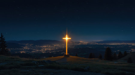A stunning illuminated cross stands against a night sky, overlooking a serene city landscape filled with lights. A powerful symbol of faith and tranquility.の素材
