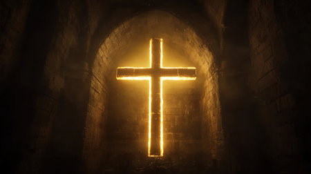 A radiant illuminated cross emerges from a dark stone archway, casting a warm glow. The contrast between light and shadow enhances the sacred atmosphere, symbolizing hope and spirituality.の素材