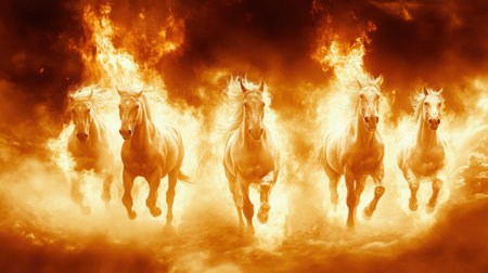 Four powerful horses race through flames, embodying intensity and energy in this surreal scene. The fiery background enhances their majestic presence and creates a vivid spectacle.の素材