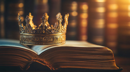 A stunning golden crown elegantly placed on an open book, embodying the essence of royalty and knowledge, surrounded by a soft, blurred library background.の素材