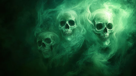 A captivating artwork featuring three skulls enveloped in a mystical green smoke. This eerie scene evokes a sense of mystery and intrigue, perfect for horror and fantasy themes.の素材