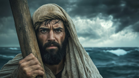 A rugged man with a beard grips a staff, staring intensely into the camera. The stormy ocean and dark clouds behind him create a dramatic and emotional scene.の素材
