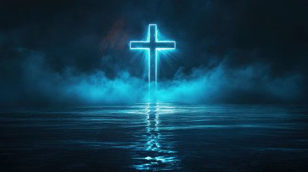 A glowing blue cross illuminated above dark water creates a serene and spiritual atmosphere. The ethereal light reflects beautifully, symbolizing hope and faith.の素材