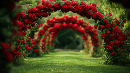 A picturesque garden pathway adorned with stunning red rose arches, surrounded by vibrant greenery, creating a serene atmosphere perfect for romantic strolls.の素材