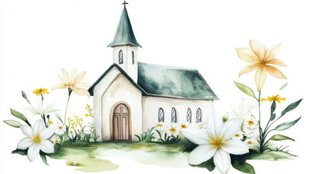 A charming watercolor illustration of a church surrounded by vibrant flowers, evoking themes of peace, nature, and spirituality in a serene landscape.の素材