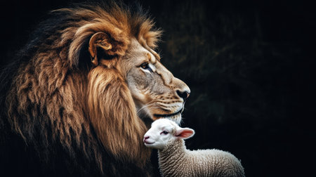 A striking close-up image features a lion and a lamb, highlighting their contrasting characteristics. The lion's majestic mane and the lamb's soft texture embody a unique relationship in nature.の素材