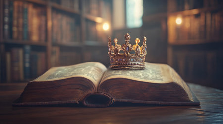 An ornate crown rests atop an open antique book, surrounded by a cozy library setting. The warm lighting enhances the atmosphere, evoking a sense of knowledge and reverence for wisdom.の素材