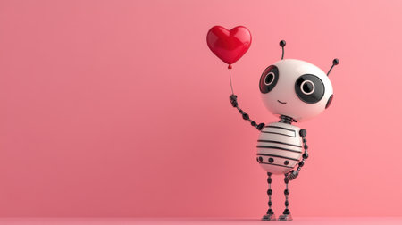 Charming robot holds a red heart balloon against a pink background, embodying joy and playfulness. Perfect for themes of love, technology, and fun.の素材