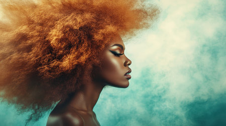 A striking profile of a woman showcasing her bold afro hair against a softly blended background. This portrait captures elegance, confidence, and creativity in beauty.の素材