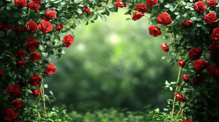 A vibrant arrangement of red roses creates a beautiful frame against a soft green garden background, evoking romance and tranquility in nature.の素材