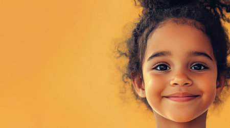 A young girl with curly hair smiles radiantly against a bright yellow background, capturing pure joy and innocence in a stunning portrait.の素材