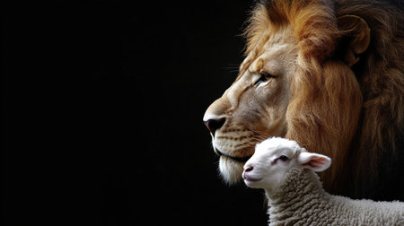 A stunning juxtaposition of a lion and a sheep, showcasing the beauty of nature's diversity. This portrait emphasizes coexistence and contrasts strength with gentleness.の素材
