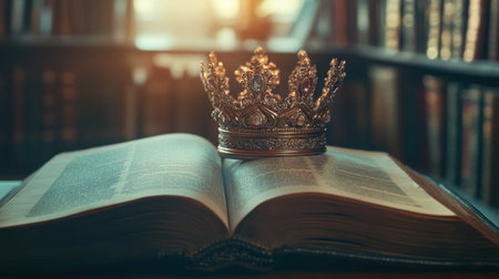 A beautiful ornate crown rests on an open book, symbolizing wisdom and royalty in a warm, antique library setting. The soft light creates an inviting atmosphere.の素材