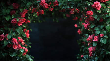 A stunning floral archway featuring vibrant red roses surrounded by lush green leaves, perfect for romantic settings, events, or beautiful nature themes.の素材