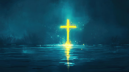 A glowing cross stands prominently over a still water surface, creating a serene atmosphere. The illuminated reflection evokes themes of spirituality, peace, and meditation. Perfect for creative design projects.の素材