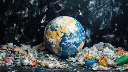 The image depicts the Earth surrounded by an array of plastic waste, highlighting the urgent environmental crisis we face due to pollution and unsustainable practices.の素材
