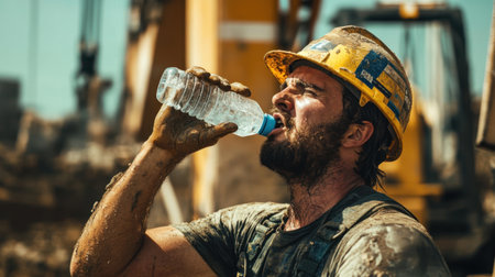 A construction worker takes a refreshing break to hydrate with a water bottle while surrounded by machinery and dust, reflecting the hard work of labor.の素材