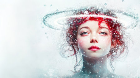 A captivating portrait of a young woman with ethereal elements, featuring soft colors, snowflakes, and a dreamy atmosphere. Perfect for artistic projects or fantasy themes.の素材