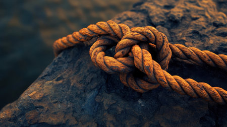 A striking close-up of a knotted rope resting on a textured rock surface. The warm orange color of the rope contrasts beautifully with the rugged texture, creating a captivating image that evokes themes of nature and tranquility.の素材