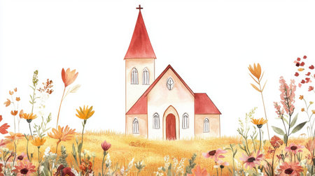 A charming watercolor illustration of a church surrounded by vibrant wildflowers, evoking a sense of tranquility and beauty in nature. Perfect for themes of spirituality and countryside serenity.の素材