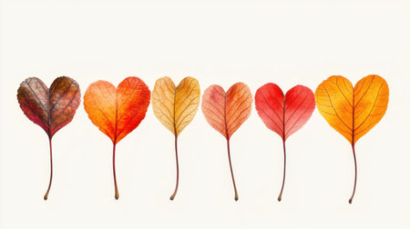 A stunning arrangement of colorful heart-shaped leaves displaying rich autumn hues creates a beautiful nature-inspired design, perfect for seasonal decor.の素材