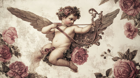 This vintage illustration features a cherub arching a bow amidst roses, evoking themes of love and beauty. A captivating piece for art enthusiasts.の素材