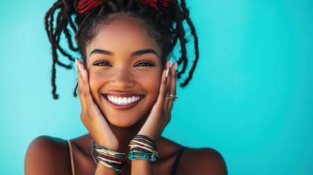 A joyful young woman showcases her vibrant personality with a charming smile, natural hair, and colorful accessories against a bright background.の素材