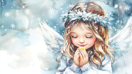 A serene depiction of a young angelic child with wings, praying gently. Snowflakes create a magical winter atmosphere, embodying innocence and peace.の素材