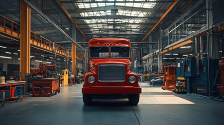 A striking vintage red truck stands in a spacious industrial warehouse, showcasing the blend of classic automotive design and modern machinery in an expansive environment.の素材