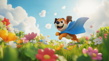 A cheerful cartoon dog in a blue cape joyfully runs through a vibrant flower field, capturing the essence of adventure and happiness in a sunny landscape.の素材