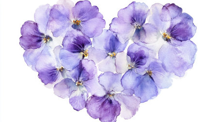 This stunning watercolor artwork features a heart shape filled with delicate purple violet flowers. Perfect for romantic themes or floral decorations, this design embodies beauty and elegance.の素材