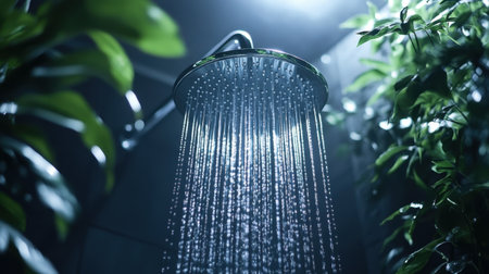 The image depicts a sleek shower head releasing water droplets, surrounded by lush green plants, creating a serene and refreshing indoor environment.の素材
