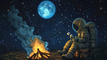An astronaut relaxes by a glowing campfire under a stunning night sky filled with stars and a bright moon, capturing a moment of wonder and tranquility.の素材