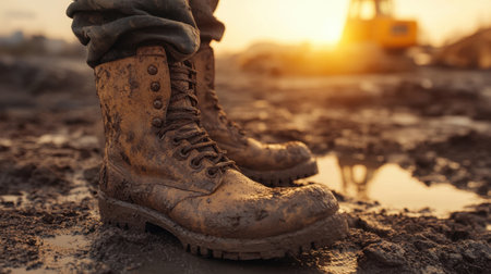 A close-up of worn brown work boots standing in muddy conditions at a construction site during sunset. The image captures the rugged texture and earthiness of hard labor, showcasing durability and the essence of outdoor work environments.の素材