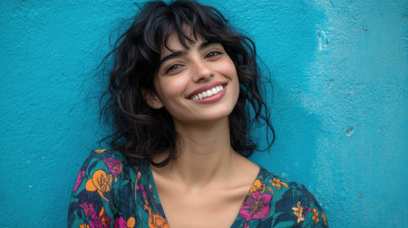 A joyful young woman with curly hair smiles brightly against a vibrant blue backdrop. Her casual floral outfit enhances her cheerful demeanor, radiating warmth and positivity.の素材