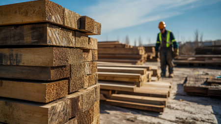 A construction worker in a safety vest inspects stacked wooden planks at a job site. The image highlights the use of wood in building projects.の素材