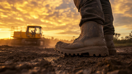 A worker's boot stands on muddy ground, capturing the essence of labor in the construction field. In the background, equipment operates at sunset, showcasing effort and resilience.の素材