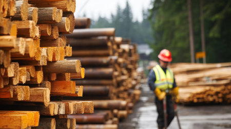 A construction worker in safety gear inspects lumber stacks at a timber yard. The scene captures the essence of the logging industry, highlighting the tools and environment used in wood processing.の素材