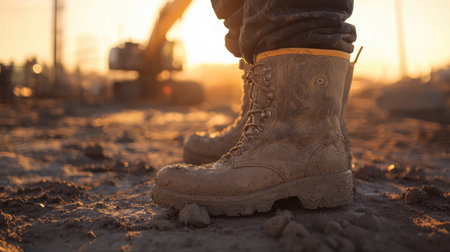 A pair of muddy worker boots stands firmly on a construction site at sunset. The warm glow of the setting sun creates a striking silhouette against heavy machinery, emphasizing the hard work and dedication of laborers in the field.の素材