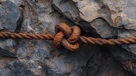 A close-up of a rusty knot tied in a rope against a rough stone surface, showcasing the texture and elements of nature in an industrial context.の素材