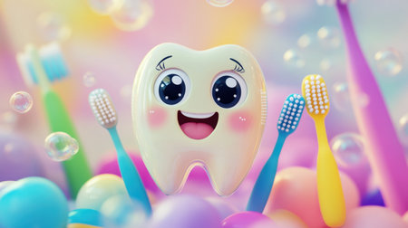 A cheerful cartoon tooth with a smiling face surrounded by colorful toothbrushes and bubbles, creating a fun atmosphere for dental health promotion.の素材
