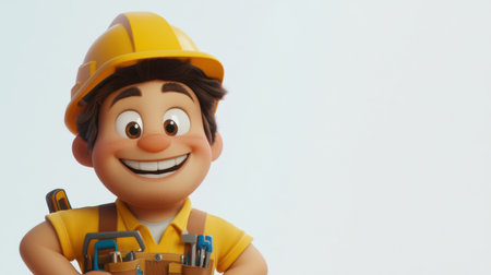 This vibrant cartoon image features a cheerful builder in a yellow hard hat, showcasing a friendly expression and handy tools. Ideal for children's content!の素材