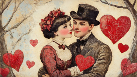 This vintage artwork features a loving couple embraced amidst a backdrop of vibrant hearts, evoking emotions of romance and nostalgia. Perfect for themed decorations.の素材