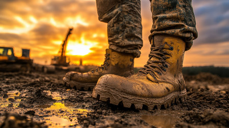 A close-up view of rugged worker boots standing on muddy terrain at sunset, capturing the essence of outdoor labor and industrial work in a dramatic landscape.の素材