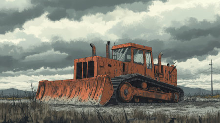 An orange bulldozer stands alone in a rural landscape under dramatic clouds. This heavy machinery symbolizes construction and land development in nature's powerful setting.の素材